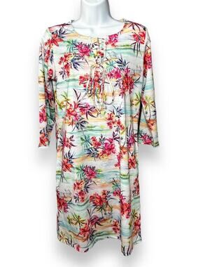 Caribbean Joe Floral Lace-Up Swim Cover Up Dress Tropical Floral Pullover Small